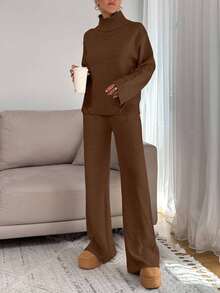 EURMUSE Women Relaxed Fit Turtle-Neck Sweater With Rib Knit Detailed And Straight Knit Pant Set - Brown - View 5
