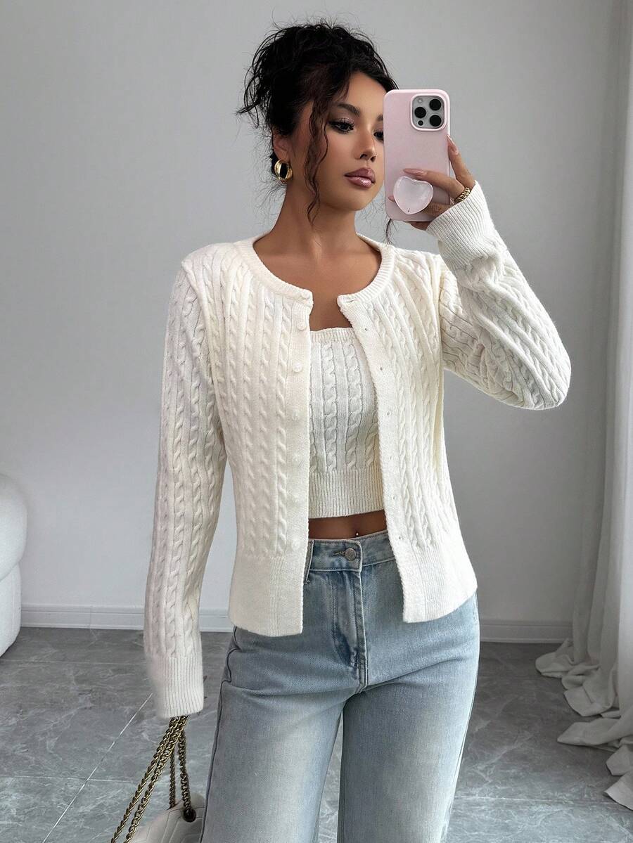 Chiquease Áo hai dây nữ thu đông mới, áo len cardigan dệt kim kiểu Pháp thanh lịch, giản dị, tinh tế, chất lượng cao, đa năng, dành cho sinh viên - trắng - Xem 1
