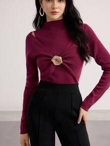 Heiryn Top ajustado de punto con hombros descubiertos, suéter con decoración floral de manga larga para mujer, otoño/invierno - Burdeos - Ver 6