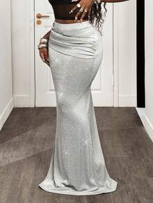 BamGleam 女士紧身亮面包臀半身裙，秋冬款 - 銀色 - 查看 3