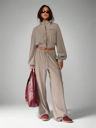 MISSGUIDED Cozy Loungewear Striped Two Piece Set Zip Up Jacket Wide Leg Pants High Waist Drawstring Fall Winter Casual Coordinates