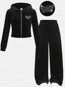 SHEIN Tween Girls' Streetwear Black Autumn Casual Family Matching,Velvet Butterfly Rhinestone Zip-Up Cropped Hoodie And Flare Pants 2-Piece Outfit,Y2K Set - Black - View 3