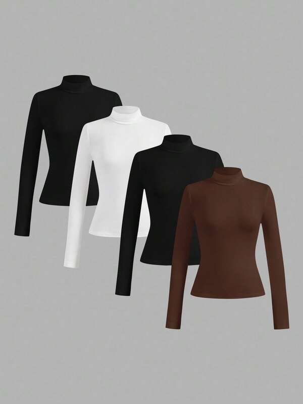 SHEIN Essnce 4 pezzi/set Maglioni a collo alto casual di colore unito, versatili, aderenti, per donna, autunno/inverno