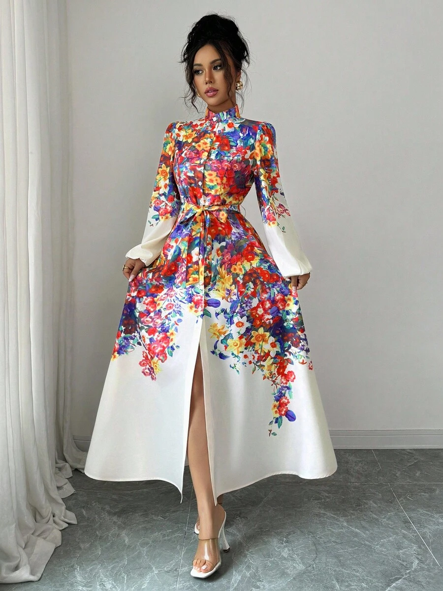 Elenzga Printed Casual Long Sleeve Tie-Waist Women Long Dress