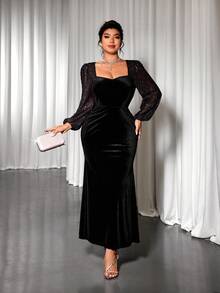 Cravure Plus Size Women's Sweetheart Neck Black Patchwork Metallic Shiny Chiffon Flare Sleeve Dress, Luxury Party & Daily Wear, Autumn/Winter - Black - View 1