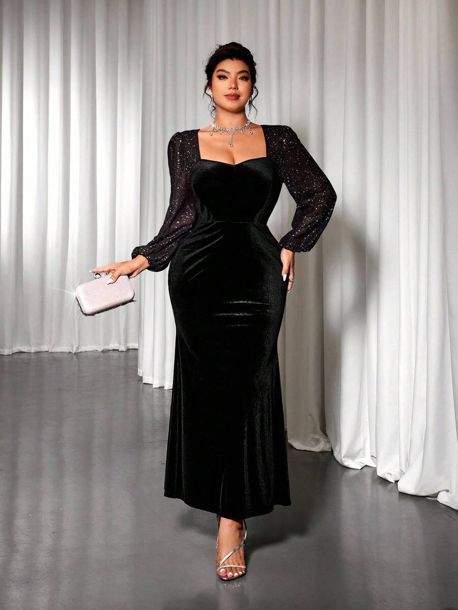 Cravure Plus Size Women's Sweetheart Neck Black Patchwork Metallic Shiny Chiffon Flare Sleeve Dress, Luxury Party & Daily Wear, Autumn/Winter - Black - View 1