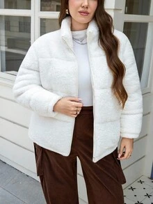 SHEIN LUNE 加大码女式米色珊瑚绒北极泡泡面料加厚保暖秋冬季外套立领毛绒让你温暖的冬季外套 - 米色 - 查看 3