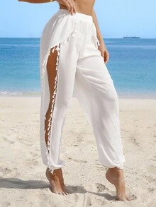 Swim Vcay 女士流苏灯笼裤沙滩罩衫套装 - 白色 - 查看 5