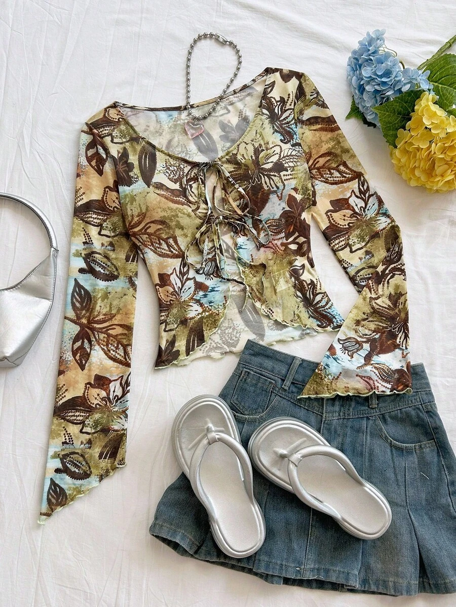 Soleia Long Sleeves Fall Casual Winter Mesh Top Cardigans Fall Women's Floral Print Front Tie Flare Sleeve Fashionable Blouse Vintage Pattern - Multicolor - View 1