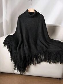 CosyJoli Áo len Poncho cổ cao tua rua cỡ lớn không đối xứng dành cho mùa thu đông dành cho nữ - màu đen - Xem 4