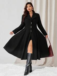 Auralis 秋冬加大码纯色口袋前扣优雅长袖长大衣 - 黑色 - 查看 6