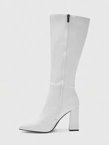 CUCCOO BIZCHIC 高品质鳄鱼压纹白色高筒靴，尖头粗跟优雅女靴，时尚百搭新款长靴，展现女性魅力与优雅 - 白色 - 查看 9