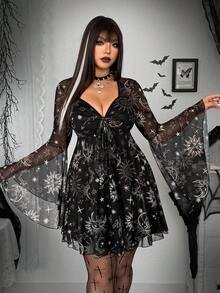 SHEIN Whyspr Plus Size Autumn/Winter Punk Dark Elegant Exaggerated Niche Star & Moon Mesh A-Line Knee-Length Dress For Women