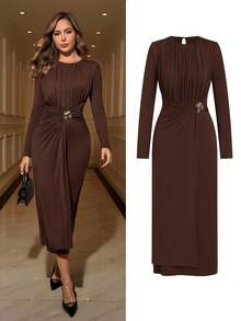 Ellevyn Váy dài nữ Váy nâu cho nữ Váy dài thường ngày Váy dự tiệc cưới mùa thu Váy mùa thu cho nữ Trang phục Halloween Quần áo cho năm mới - Cà phê nâu - Xem 1