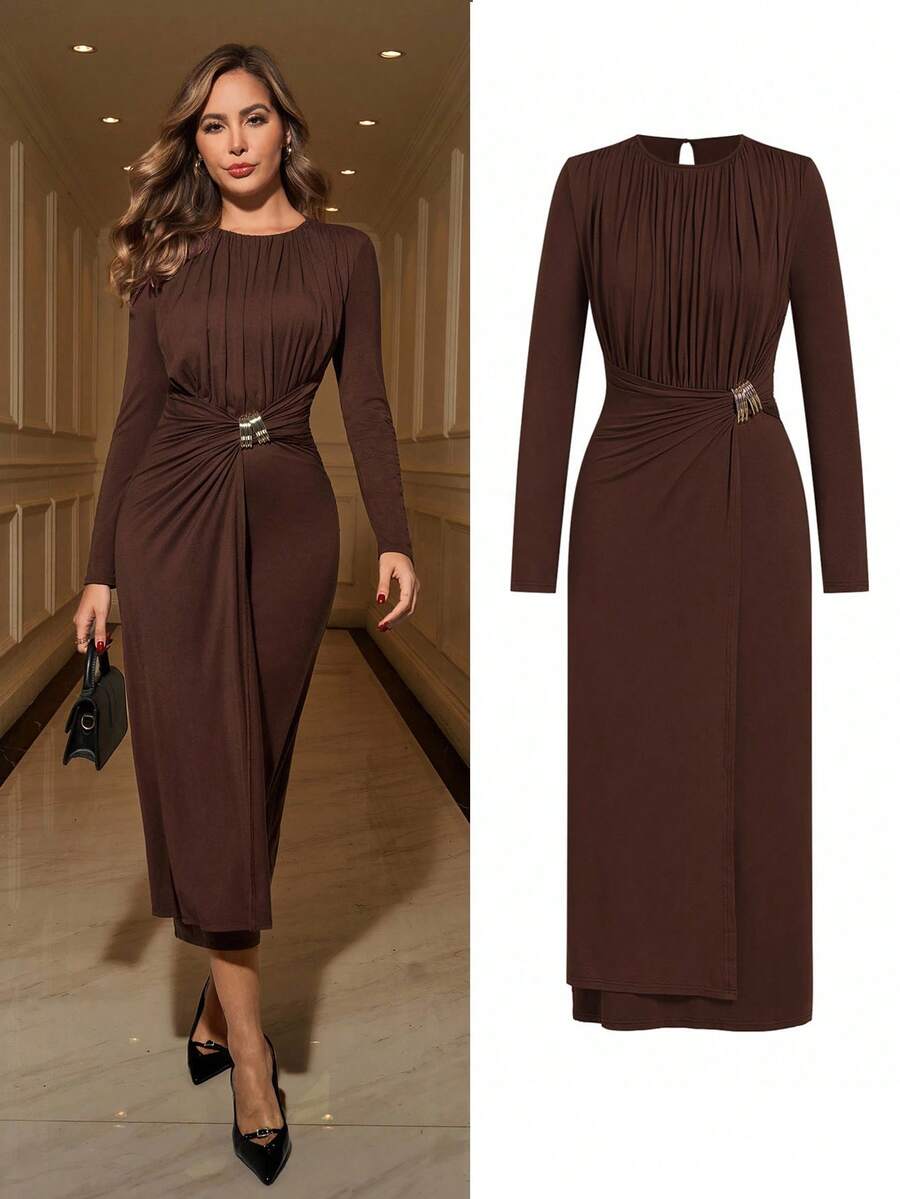 Ellevyn Váy dài nữ Váy nâu cho nữ Váy dài thường ngày Váy dự tiệc cưới mùa thu Váy mùa thu cho nữ Trang phục Halloween Quần áo cho năm mới - Cà phê nâu - Xem 1