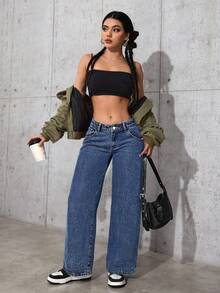 SHEIN PETITE Pantalones vaqueros casuales y versátiles de pierna ancha y bolsillos para mujer - Azul lavado oscuro - Ver 6