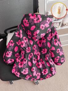 SHEIN Young Girls New Autumn/Winter Zip-Up Hooded Fashion Fleece Thick Digital Print Cute Sweet Cinched Waist Padded Coat, Winter Outerwear - Multicolor - View 2