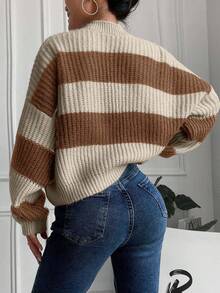 EURMUSE Women's Striped Drop Shoulder Long Sleeve Single-Breasted Casual Loose Cardigan - Mocha Brown - View 2