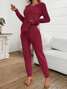 SHEIN 女式罗纹羊毛 V 领休闲家居套装，长袖上衣和裤子，适合睡衣或外套两件套家居套装舒适套装女士秋冬装 - 紅色 - 查看 5