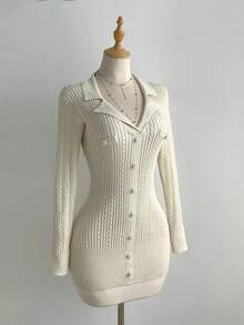 Elamini 女式休闲翻领纽扣纹理针织连衣裙 - 米色 - 查看 4