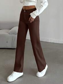 EURMUSE 100%Cotton HIGH RISE BEIGE WIDE LEG PETITE SIZE JEAN - Brown - View 4
