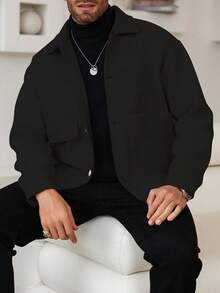 Manfinity Homme Áo khoác nam trơn một hàng khuy, áo sơ mi nam kéo khóa thời trang thu đông, áo khoác đen cho nam, áo sơ mi nam Shacket màu đen cho nam - màu đen - Xem 7