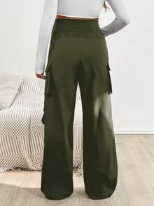 SHEIN Maternity Solid Color Adjustable Waist Cargo Pocket Pleated Casual Pants Olive Green Pants Fold Over Pants Maternity Clothes Pants Pregnancy Pants