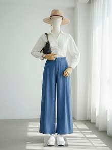 SHEIN MOD 大码优雅高腰蓝色西装裤，女大码夏季西装裤，宽松阔腿款，带腰带设计，阔腿裤，女式阔腿牛仔裤，高腰阔腿裤，蓝色阔腿裤，秋冬宽松阔腿裤 - 藍色 - 查看 7