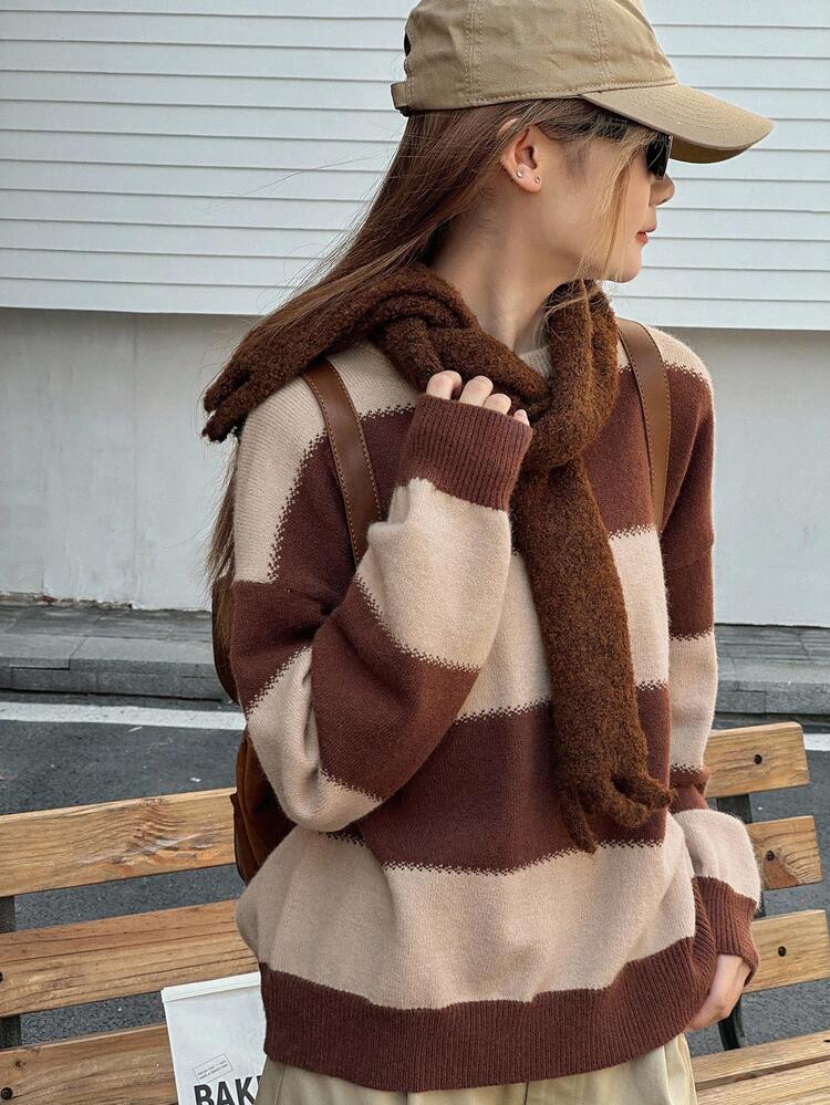 Teens/Youth Girls Casual Loose Fit Striped Sweater, Autumn