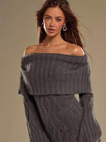 SHEIN BAE 女式秋季简约纯色露肩喇叭袖毛衣裙 - 深灰色 - 查看 6