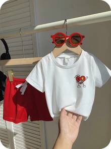 SHEIN 2pcs/Set Baby Boy Red & White Summer Heart Cartoon Print Crew Neck Top With Drawstring Solid Color Shorts, Casual Sports Outfit, Soft & Breathable For Home, Outdoor, Sports - Red and White - View 7