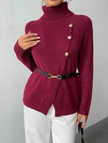 SHEIN Elenzya Women's Elegant High Neck Knit Pullover With Metal Button Decor, Solid Color Long Sleeve Christmas Red Sweater, Autumn/Winter - Burgundy - View 6