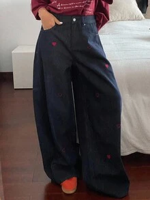 DAZY Pantalones vaqueros holgados de mujer de estilo occidental con bolsillo y bordado de corazón, para el verano - Azul - Ver 3