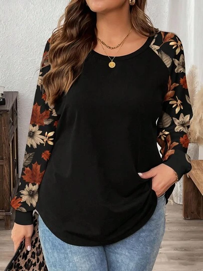 EMERY ROSE Plus Size Maple Leaves Fallen Leaves Autumn Print Patchwork Print Knit T-Shirt Women Long Sleeve Tops Fall Tops Women Long Sleeve Black Top Women Casual Tops Plus Size Casual Tops Women Casual Tops