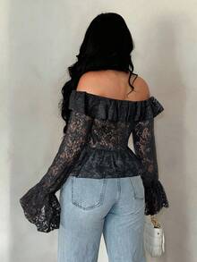 SHEIN SXY Áo ren trắng mỏng tay dài hở vai nhún bèo giản dị dành cho nữ, thích hợp cho kỳ nghỉ hè - màu đen - Xem 2