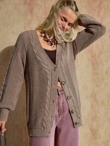 EURMUSE 女式纯色落肩长袖单排扣休闲开衫，秋冬 - 摩卡棕 - 查看 4