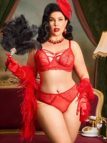 Conjunto de sujetador con aros y encaje para mujer de talla grande - Rojo - Ver 3