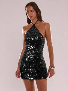 SHEIN BAE 女式时尚性感亮片露背挂脖迷你连衣裙 - 黑色 - 查看 4