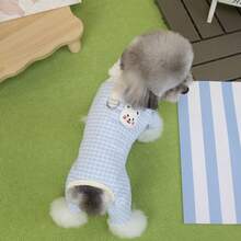 PETSIN 天鹅绒四足宠物连体服 - 超暖防风羊毛套装，适合小型犬、猫和小动物，带有可爱的卡通图案 - 藍色 - 查看 3