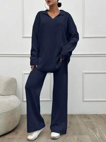 SHEIN Tall 2 قطعة/مجموعة ملابس كنزة بياقة مطوية وبنطال طويل بلون موحد، للنساء الطويلات - أزرق بحري - مشاهدة 5