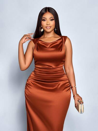 SOLERSUN Vestido de fiesta elegante de unicolor con cuello plisado y sin mangas para mujer de talla grande, vestido con estilo de hombros retorcidos, ajuste ceñido con tela de satén plisada rojo marrón, muy adecuado para banquetes, uso interior en otoño e invierno, vestido largo, vestido de graduación, vestido de baile de graduación, vestido de invitada de boda, vestido de noche de lujo, Halloween, Navidad, Año Nuevo