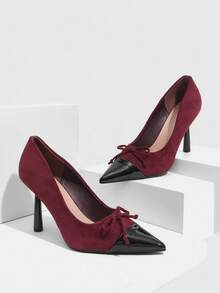 CUCCOO SZL Women's Fashion Burgundy Bow Pointed Toe Stiletto High Heel Pumps, Suitable For Commute, Date, Party, Wedding, Holiday
