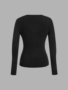 SHEIN EZwear 3 件套女士深 V 领紧身休闲长袖 T 恤套装，适合秋冬季 - 黑色 - 查看 13