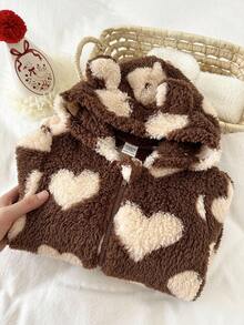 LMoss Kids LMoss  Baby Girl Heart Pattern Knitted Hooded Plush Casual Jumpsuit,Winter Clothes,Cozy Fall & Winter Styles,Styles Confortables D'automne&Hiver,Gemütliche Herbst- & Winterstile,