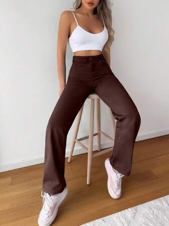 100%Cotton High Waist Straight Leg Jeans