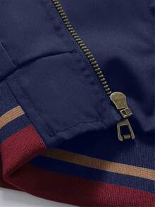 Manfinity Homme 男士条纹饰边拉链休闲长袖夹克，秋季户外防风外套 - 藏蓝色 - 查看 5