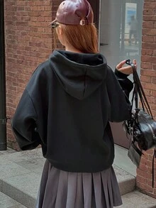 DAZY 少女格子领带宽松羊毛运动衫套装，秋季休闲学院风 - 黑色 - 查看 5