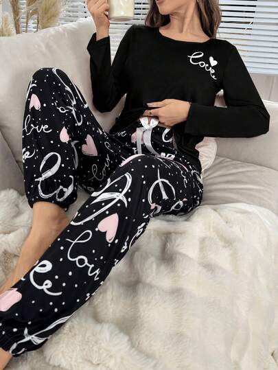 Heart Letter Graphic PJ Set Pajama Set, Fall Clothes Cozy Elegante