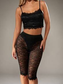 MISSGUIDED Lace Embellished Two Piece Lounge Set Crop Top And Capri Pants With Floral Pattern Lingerie Style Evening Loungewear - Black - View 7