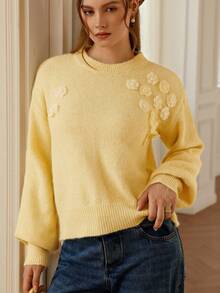 GENKIRA Nouveau haut en tricot floral 3D fait main, à la mode et polyvalent - Jaune citron - Voir 3
